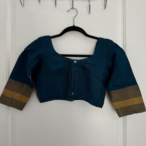 Raw Silk Saree/Sari Blouse/Choli Blue and Gold